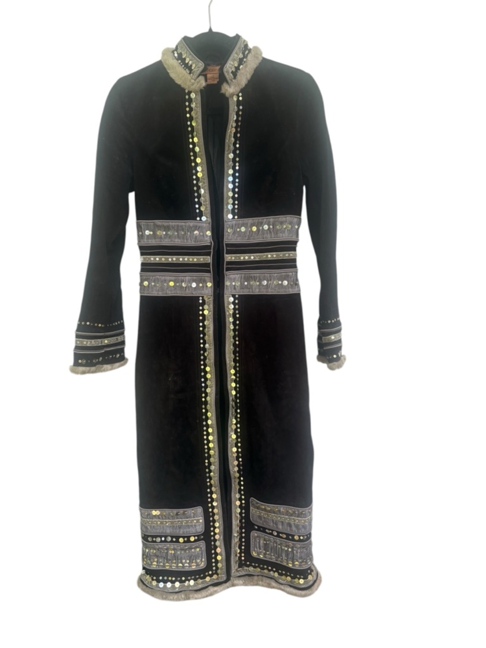 Vintage 90s ARDEN B Black Suede Leather Silver Embellished Maxi Coat Jacket.XS